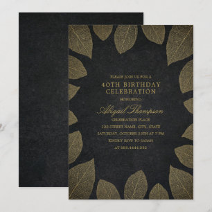 Invitation quarantième Feuille noir élégant d'or de fête