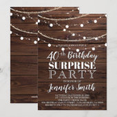 Invitation quarantième Lumières en bois rustiques de ficelle (Devant / Derrière)