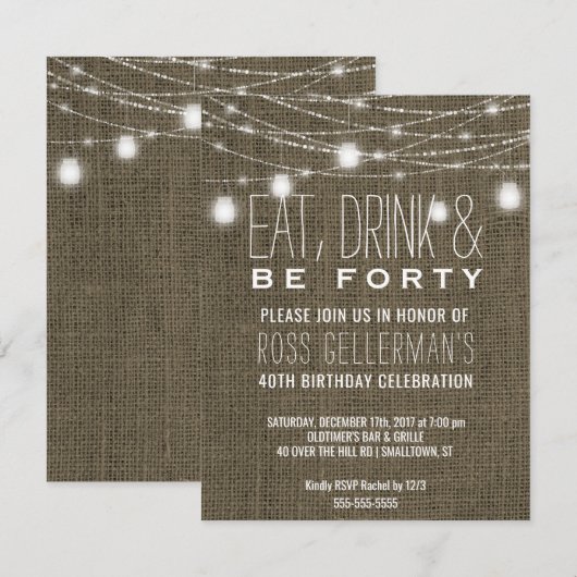 Invitation Quarantième lumières rustiques de ficelle de toile (Devant / Derrière)