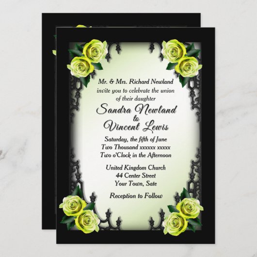 Invitation Quartier français Goth 4 Coin Vert Rose Mariage (Devant / Derrière)