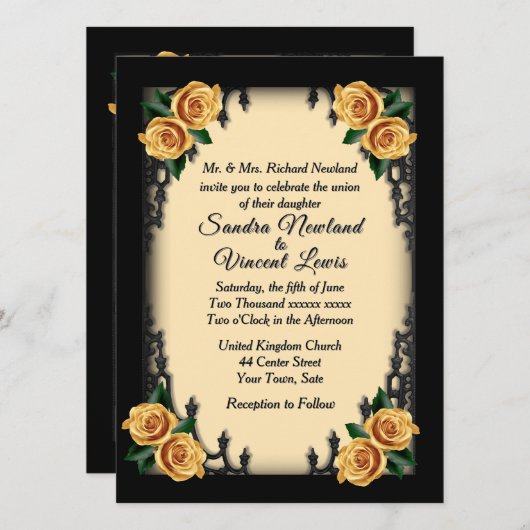 Invitation Quartier français Goth 4 Corner Rose jaune Mariage (Devant / Derrière)