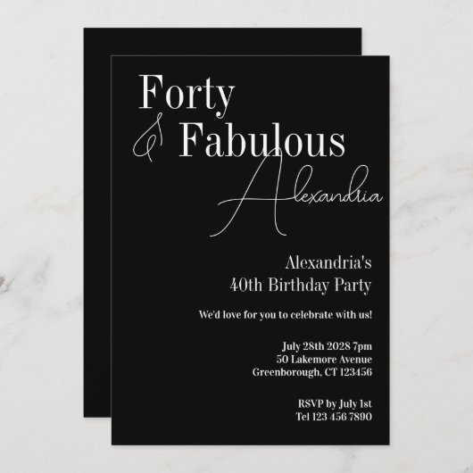 Invitation Quarty Fabty Black and White Birthday Party (Devant / Derrière)