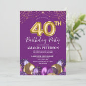 Invitation Quarty Gold Purple Balloons 40e fête d'anniversair (Debout devant)