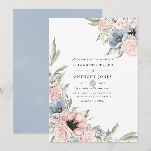 Invitation Quartz rose et Mariage Floral bleu Sérénité (Devant / Derrière)