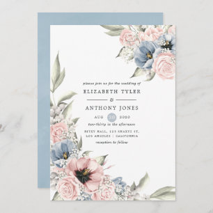 Invitation Quartz rose et Mariage Floral bleu Sérénité