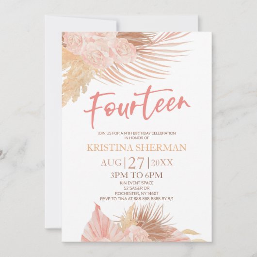 Invitation Quatorze Boho Rose Floral 14e fête d'anniversaire (Devant)