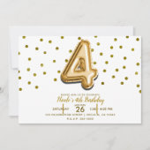 Invitation Quatre 4 Gold Balloon & Confetti 4e fête d'anniver (Devant)