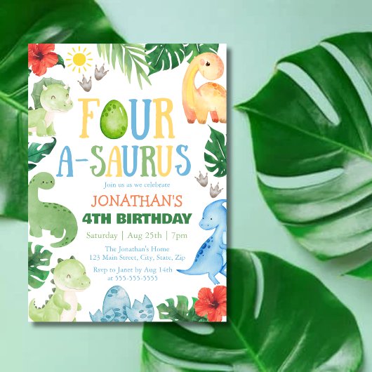 Invitation Quatre A-Saurus Dino 4e Anniversaire