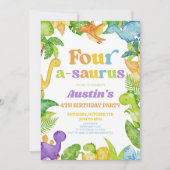 Invitation Quatre A-Saurus Dinosaur 4e fête d'anniversaire (Devant)