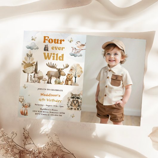 Invitation Quatre animaux sauvages des bois 4e anniversaire P