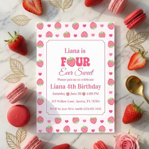 Invitation Quatre ans à jamais douce Fille aux fraises roses 
