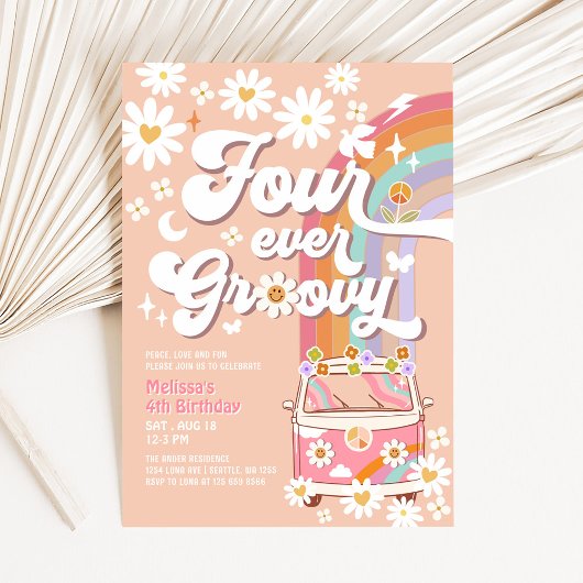 Invitation Quatre ans pour toujours groovy Daisy Rainbow Hipp