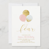 Invitation Quatre Ballons roses et or Fille 4e fête d'anniver (Devant)