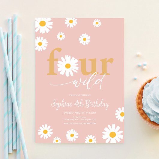 Invitation QUATRE Boho sauvage rose Daisy 4e anniversaire