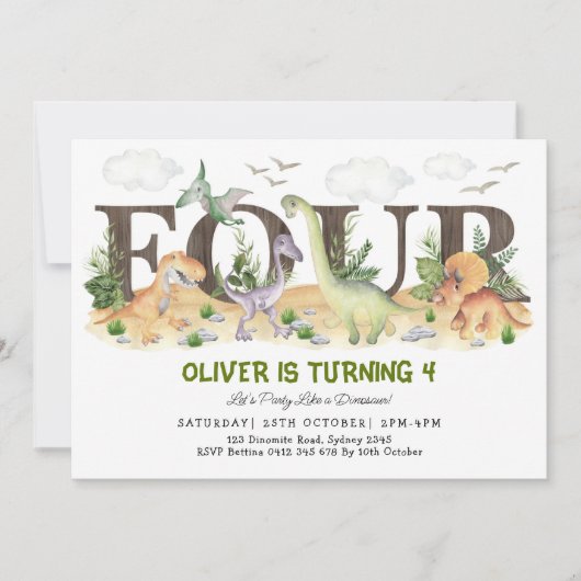 Invitation QUATRE | Boy Dinosaurs 4e fête d'anniversaire (Devant)