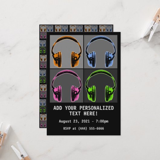 Invitation Quatre casques audio Pop Art (Devant/Arrière en situation)