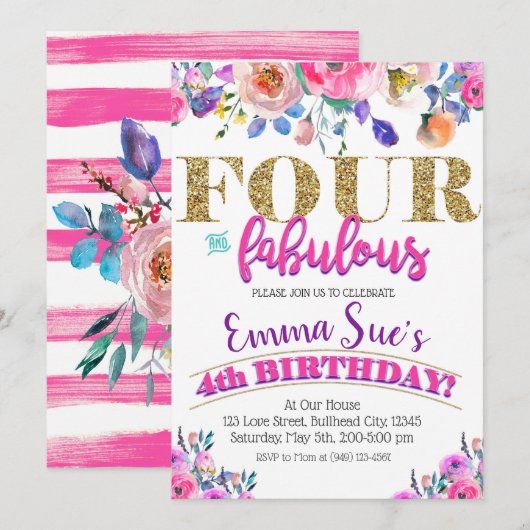 Invitation Quatre et Fabulous Girls Floral 4e anniversaire (Devant / Derrière)