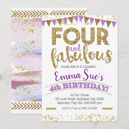 Invitation Quatre et Fabulous Girls Purple 4e anniversaire (Devant / Derrière)
