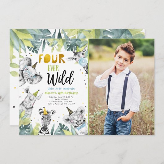 Invitation Quatre Ever Fête sauvage Animaux Safari Garçon Ann (Devant / Derrière)
