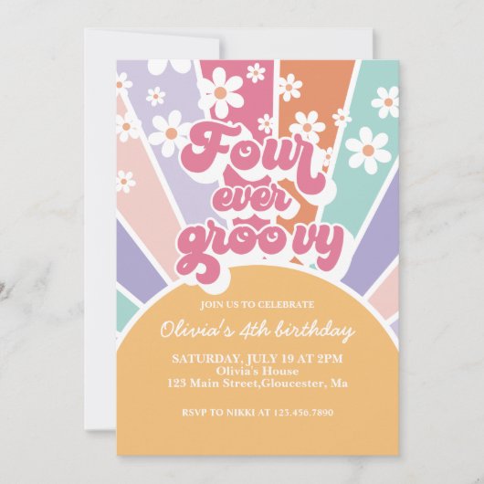 Invitation Quatre Ever Groovy Retro Sunshine Rainbow Daisy (Devant)