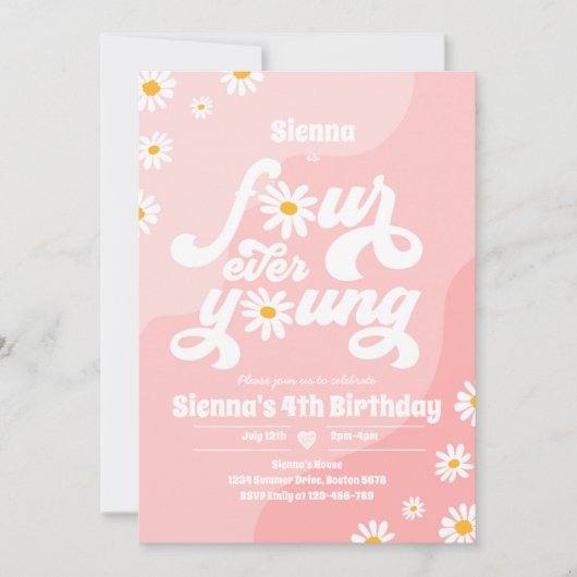 Invitation Quatre Ever Young 4e anniversaire fête Boho Daisy (Devant)