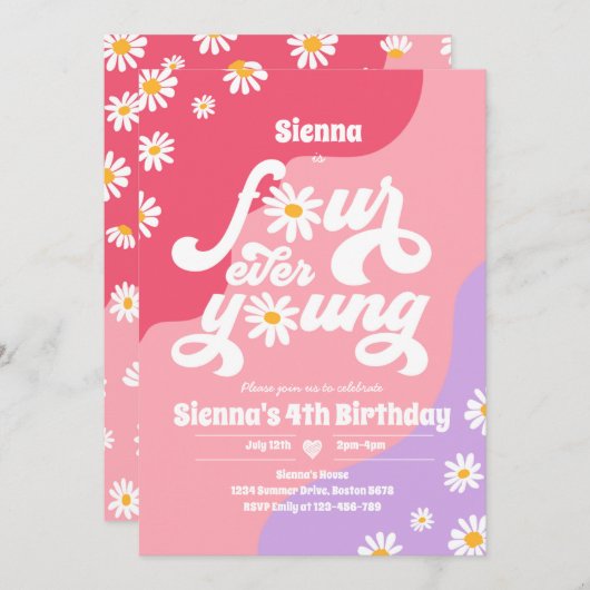 Invitation Quatre Ever Young 4e anniversaire fête Boho Daisy (Devant / Derrière)