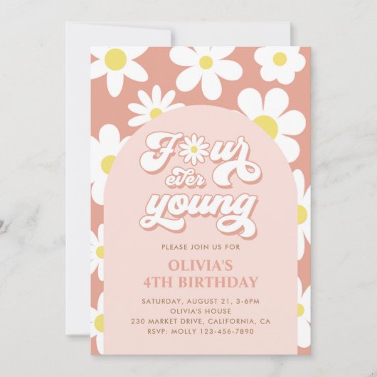 Invitation Quatre Ever Young Boho Daisy 4e anniversaire (Devant)