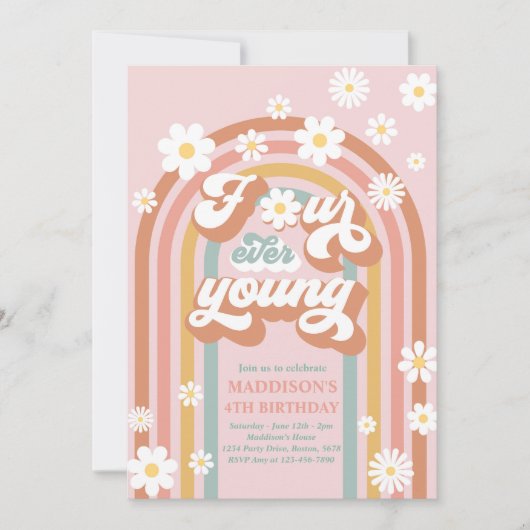 Invitation Quatre Ever Young Boho Daisy Rainbow 4e anniversai (Devant)