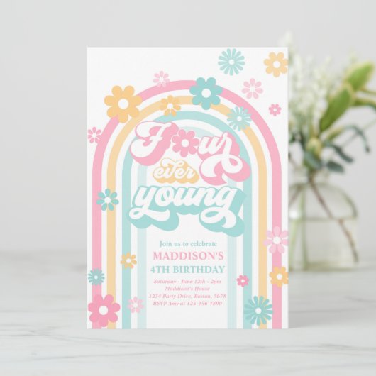 Invitation Quatre Ever Young Boho Daisy Rainbow 4e anniversai (Debout devant)