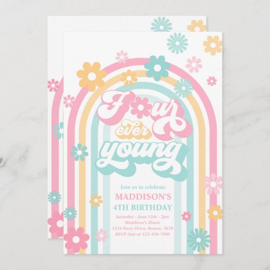 Invitation Quatre Ever Young Boho Daisy Rainbow 4e anniversai (Devant / Derrière)