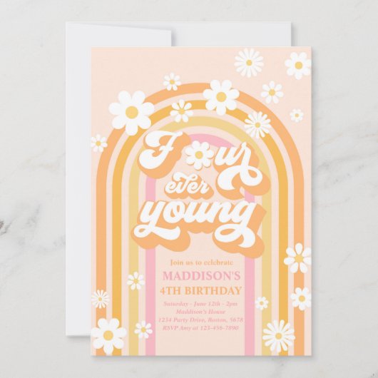 Invitation Quatre Ever Young Boho Daisy Rainbow 4e anniversai (Devant)