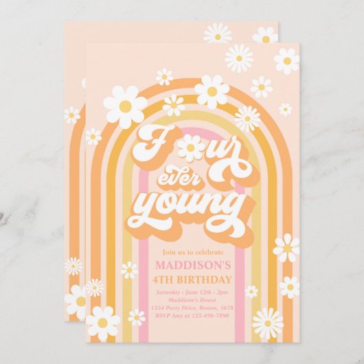 Invitation Quatre Ever Young Boho Daisy Rainbow 4e anniversai (Devant / Derrière)