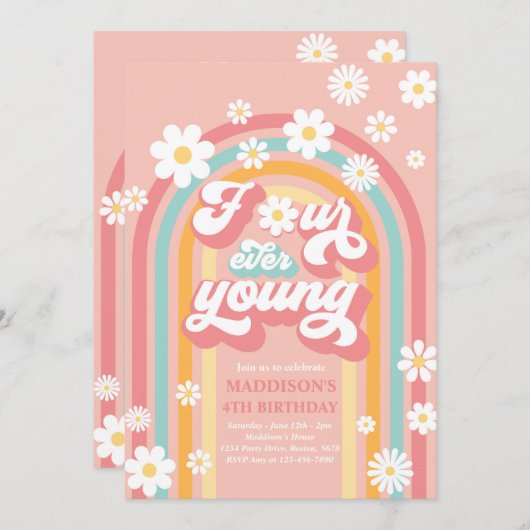 Invitation Quatre Ever Young Boho Daisy Rainbow 4e anniversai (Devant / Derrière)
