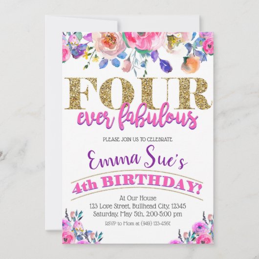 Invitation Quatre Fabuleuses Filles Floral 4e anniversaire (Devant)