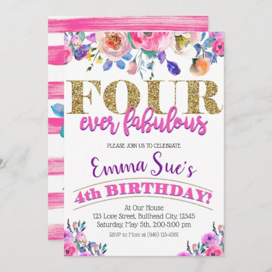 Invitation Quatre Fabuleuses Filles Floral 4e anniversaire (Devant / Derrière)