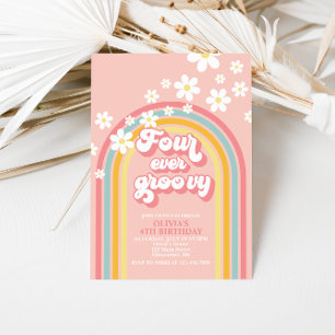 Invitation Quatre fois groovy Anniversaire Rétro Arc-en-ciel 