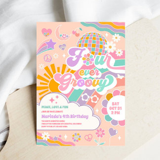 Invitation Quatre fois groovy soleil arc-en-ciel disco 4e ann