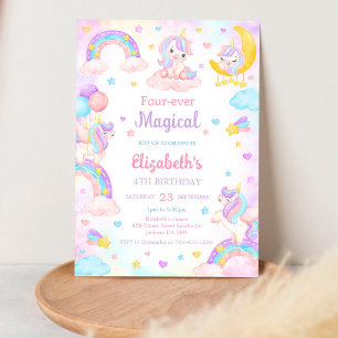 Invitation Quatre fois licorne magique arc-en-ciel 4ème anniv
