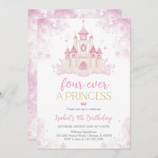 Invitation Quatre fois Princesse 4e anniversaire (Devant / Derrière)