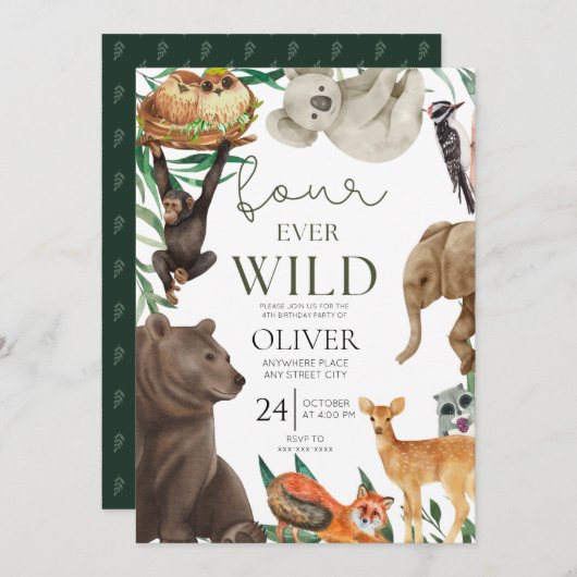 Invitation Quatre fois safari sauvage 4ème anniversaire (Devant / Derrière)