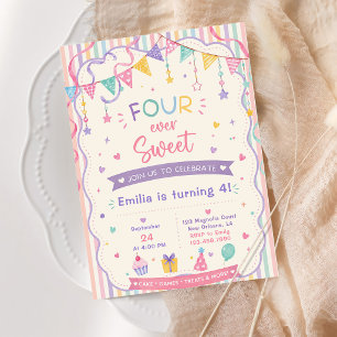 Invitation Quatre fois sucrés macarons pastel pour 4ème anniv