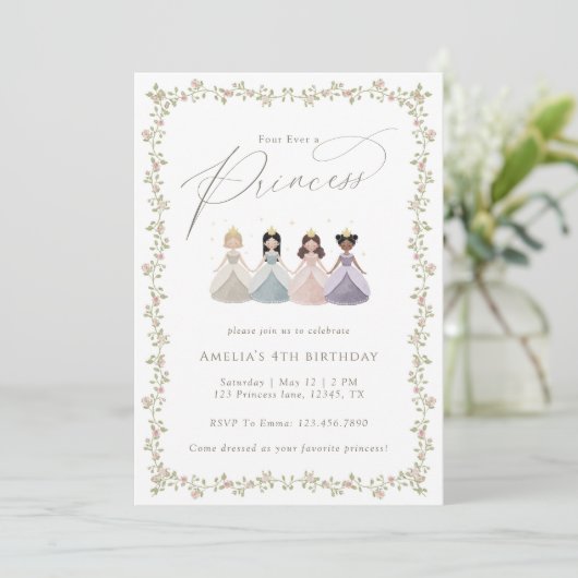 Invitation Quatre fois une princesse Fête des 4 ans des fille (Debout devant)