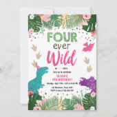 Invitation Quatre jamais Fille Dino Wild Dinosaure rose Anniv (Devant)
