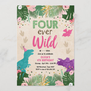 Invitation Quatre jamais Fille Dino Wild Dinosaure rose Anniv