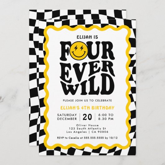 Invitation Quatre jamais sauvages | Wavy Smile Face Boy 4e an (Devant / Derrière)