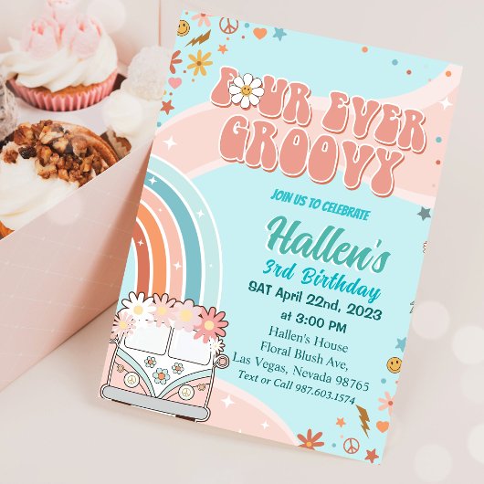 Invitation Quatre jamais Super Retro Boho Rainbow 4e annivers