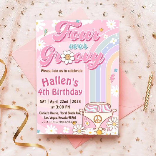 Invitation Quatre jamais Super Retro Boho Rainbow 4e annivers