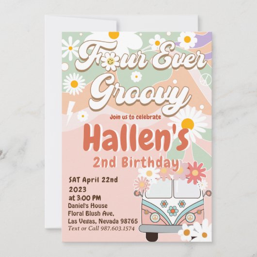 Invitation Quatre jamais Super Retro Boho Rainbow 4e annivers (Devant)
