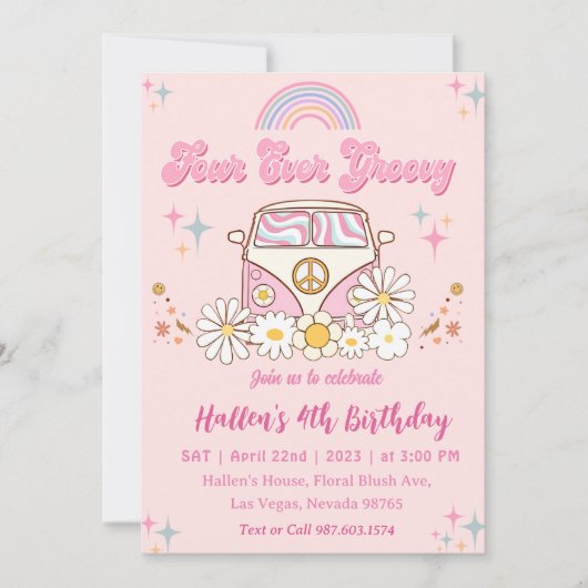 Invitation Quatre jamais Super Retro Boho Rainbow 4e annivers (Devant)