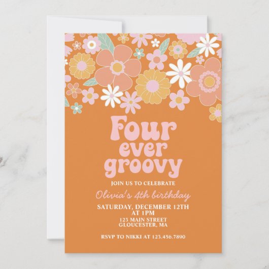 Invitation Quatre jamais Super Retro Floral 4e anniversaire (Devant)